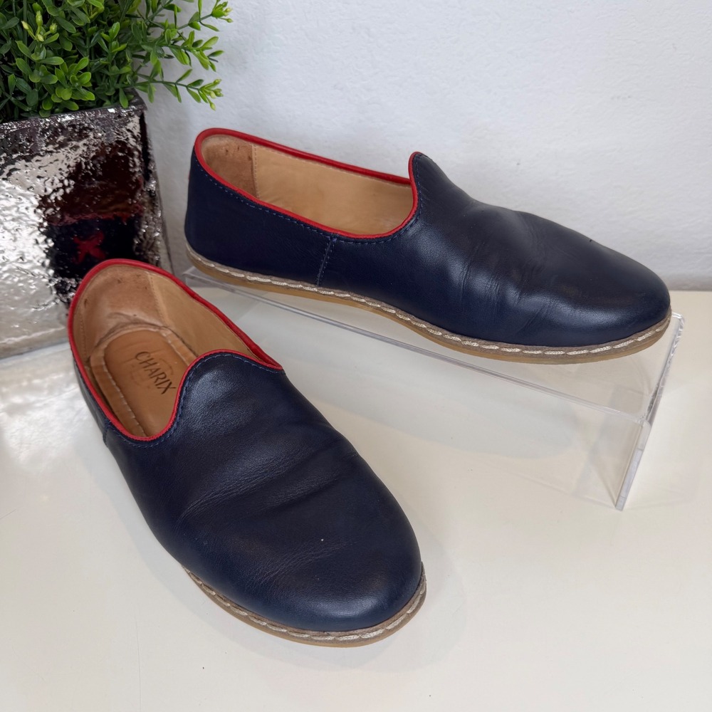 Charix Loafers Women Navy Blue Red Trim Leather Slip On Minimalist 42/10.5-11